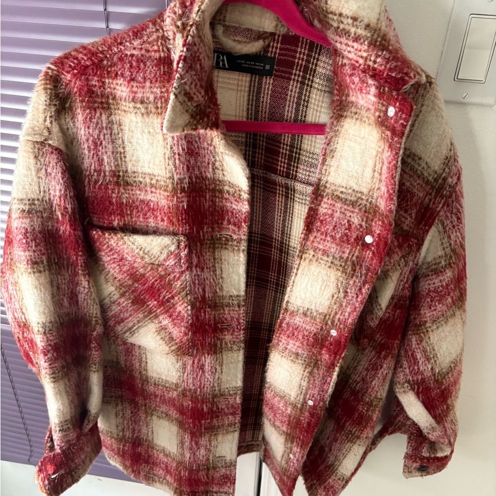 Zara Red and Cream Plaid Teddy Jacket